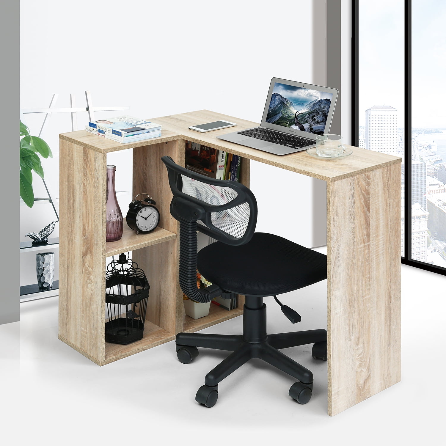 Kepooman L-shaped Computer Desk, Wooden Desk Corner Computer Desk With Two Open Shelves for Company Office, Home Office, Wood Color Kepooman L-shaped Computer Desk, Wooden Desk Corner Computer Desk With Two Open Shelves for Company Office, Home Office, Wood Color