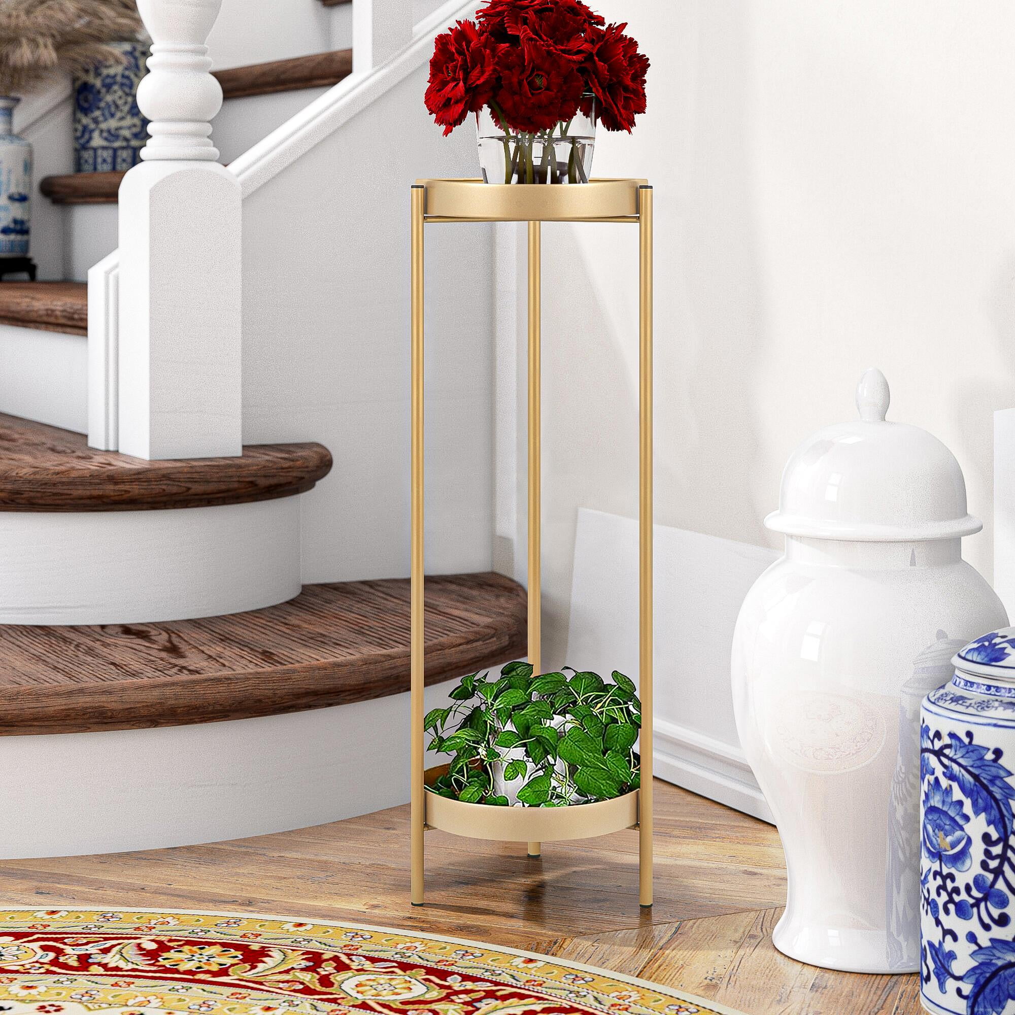Kepooman Large Metal Plant Stand with 2 Trays, 31.5" Pot Stand for Indoor and Outdoor Plants, Rustproof Decorative Plants Shelf, Flower Stand, Golden Kepooman Large Metal Plant Stand with 2 Trays, 31.5" Pot Stand for Indoor and Outdoor Plants, Rustproof Decorative Plants Shelf, Flower Stand, Golden