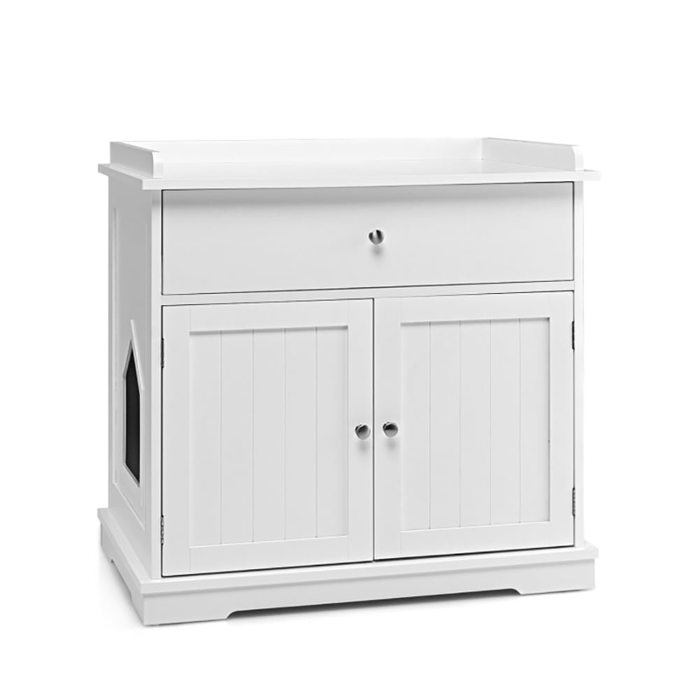 White MDF Freestanding Cat Litter Box Enclosure with Drawer
