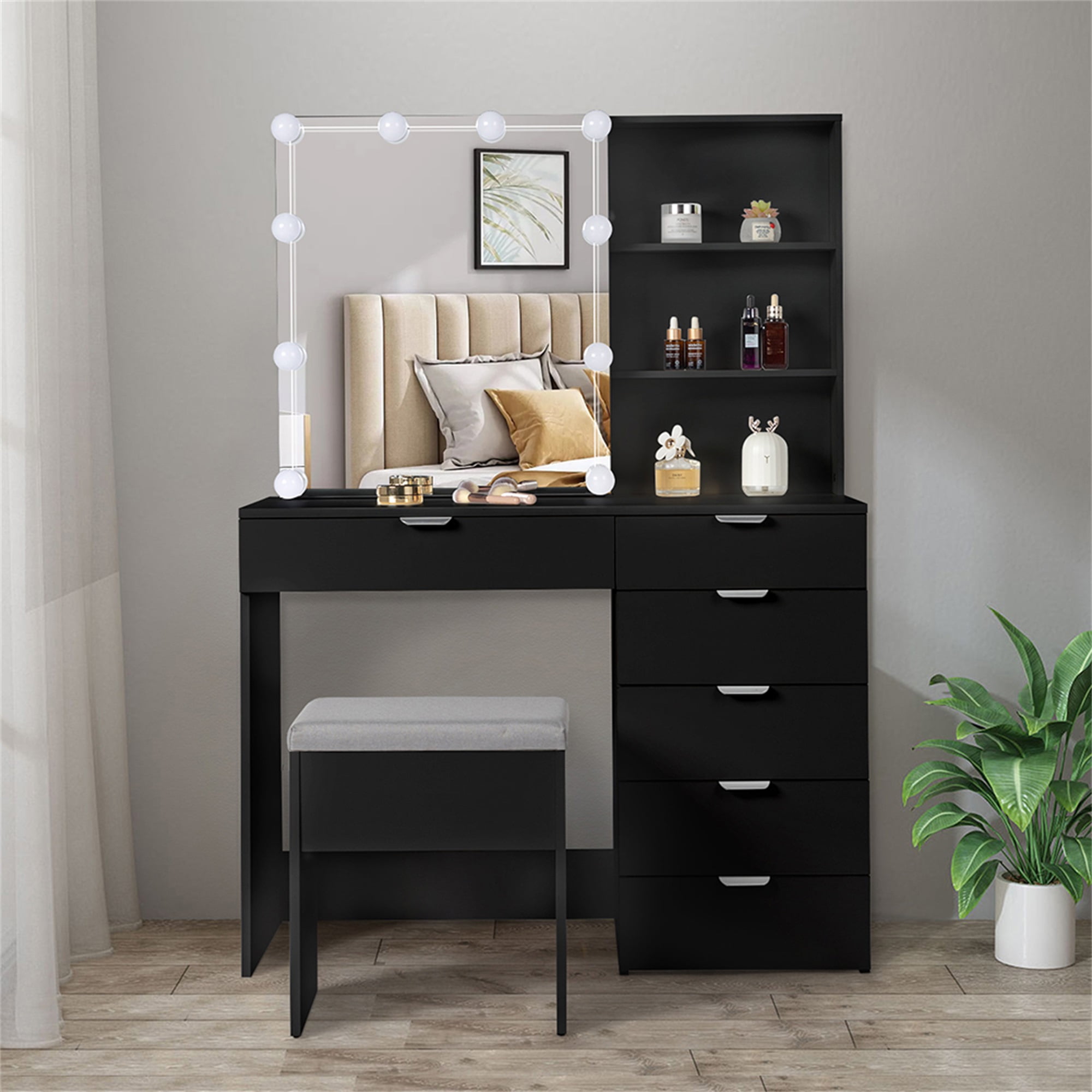 Kepooman Make Up Vanity Desk with 6 Pumps 2 Shelves Mirror Cabinet 3 Tone Light Bulbs, Vanity Table and Chair Set, Black Kepooman Make Up Vanity Desk with 6 Pumps 2 Shelves Mirror Cabinet 3 Tone Light Bulbs, Vanity Table and Chair Set, Black