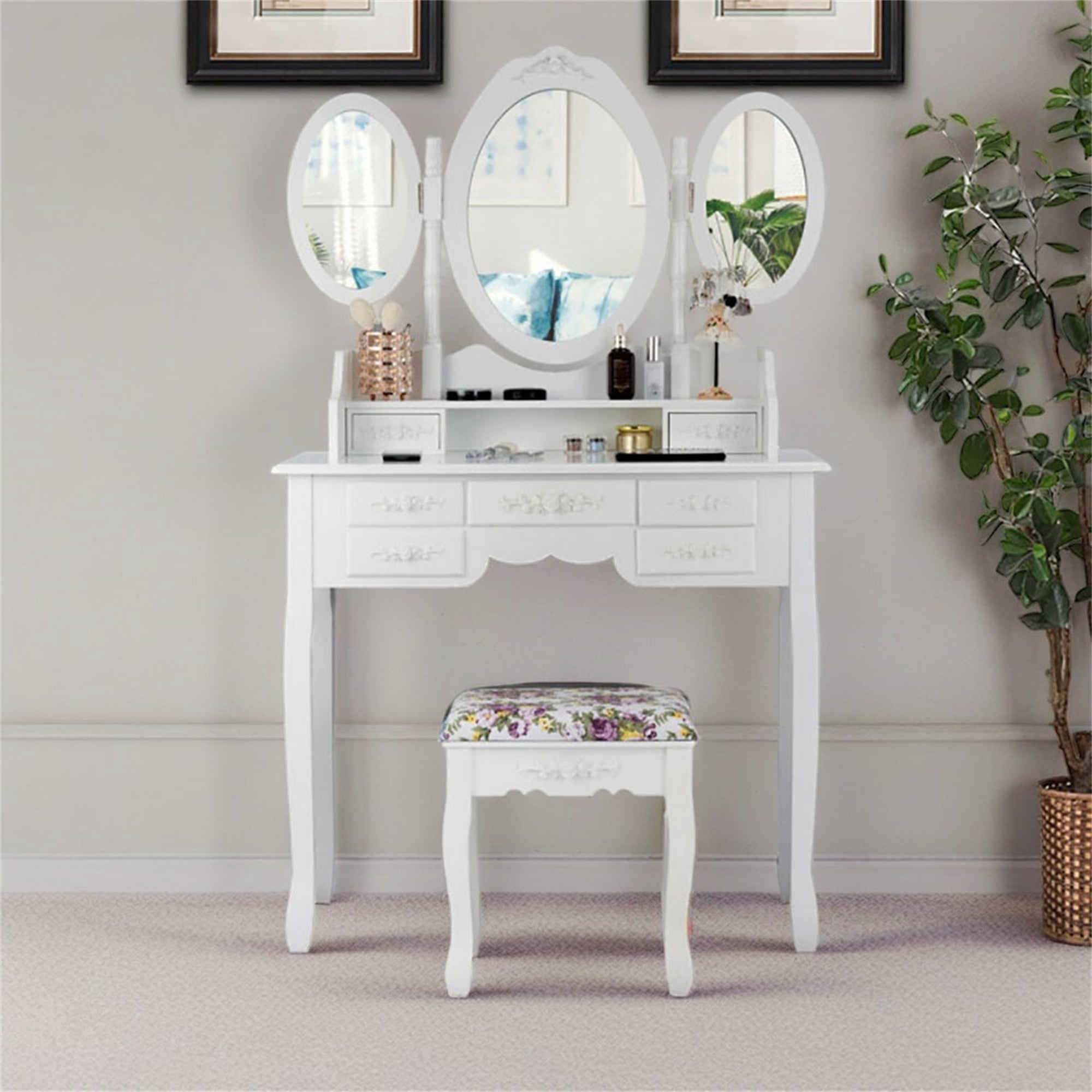 White Makeup Vanity Desk With Tri-Fold Mirror & LED Lights – Includes Stool