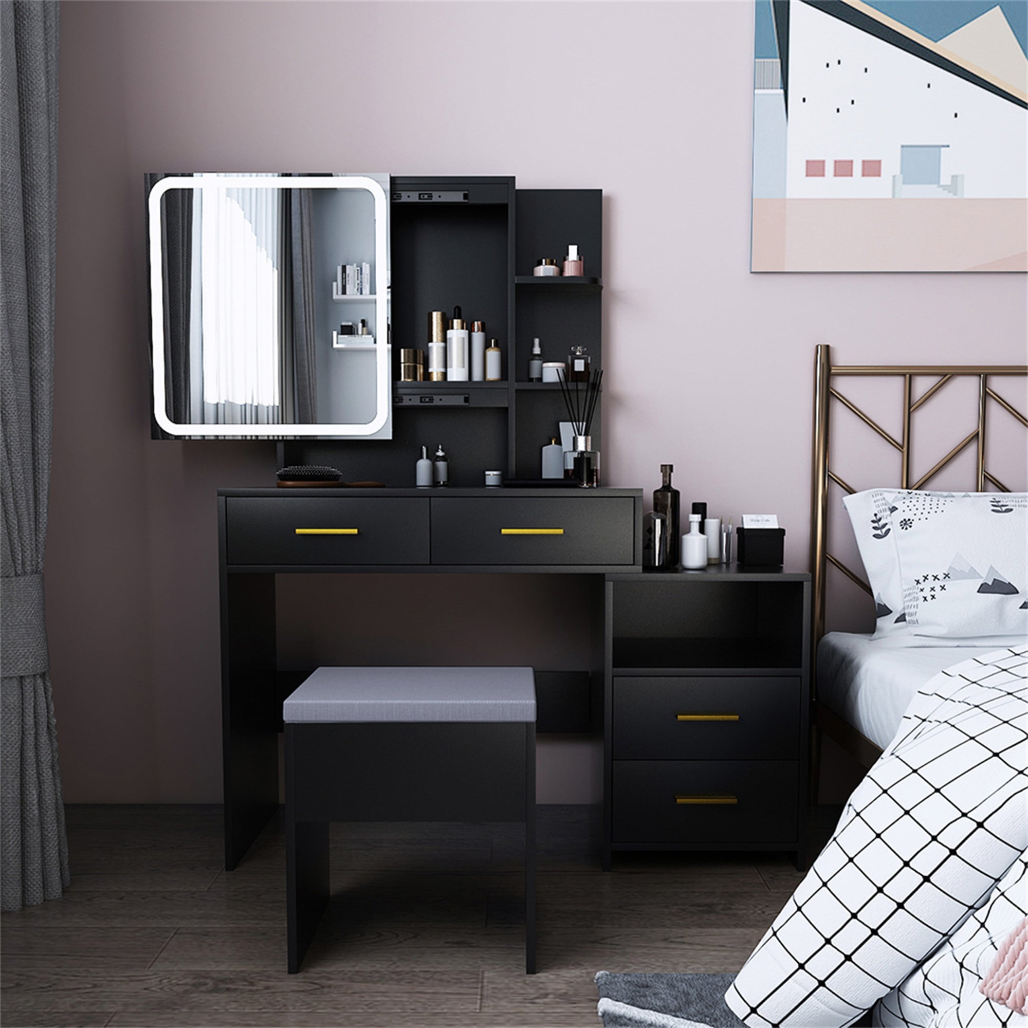 Kepooman Makeup Vanity with 4 Drawers and Mirror, Dressing Table Set Led Three-Tone Light, Black Kepooman Makeup Vanity with 4 Drawers and Mirror, Dressing Table Set Led Three-Tone Light, Black
