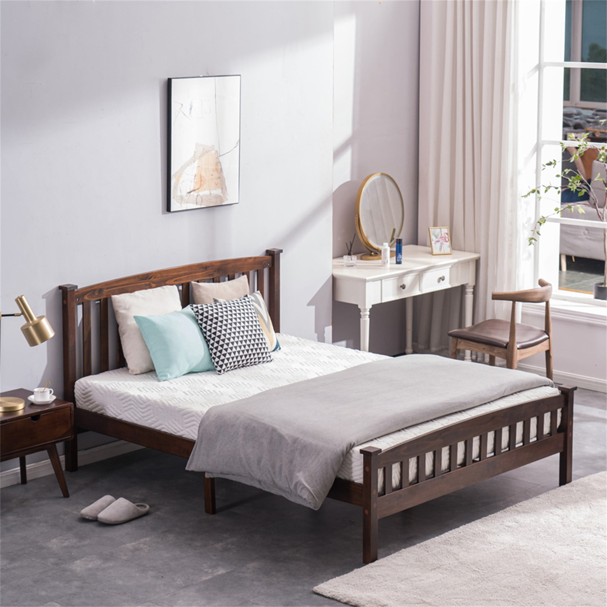 Kepooman Mid-Century Modern Solid Wood Platform Bed Frame, Bed Frame with Headboard, Slatted Bed, Walnut Queen Size Kepooman Mid-Century Modern Solid Wood Platform Bed Frame, Bed Frame with Headboard, Slatted Bed, Walnut Queen Size