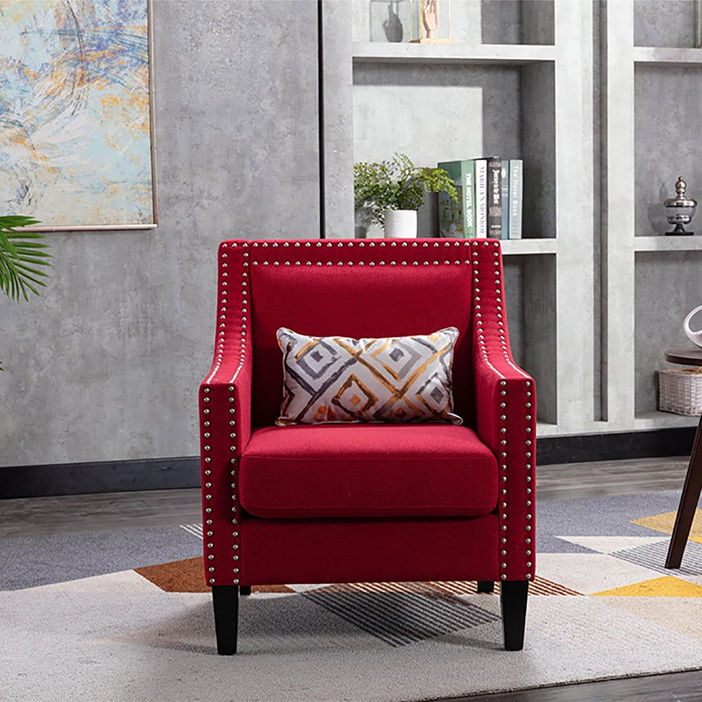 Kepooman Modern Accent Chair for Bedroom Living Room, Armchair with Nailheads and Solid wood Legs Teal Linen, Red Kepooman Modern Accent Chair for Bedroom Living Room, Armchair with Nailheads and Solid wood Legs Teal Linen, Red