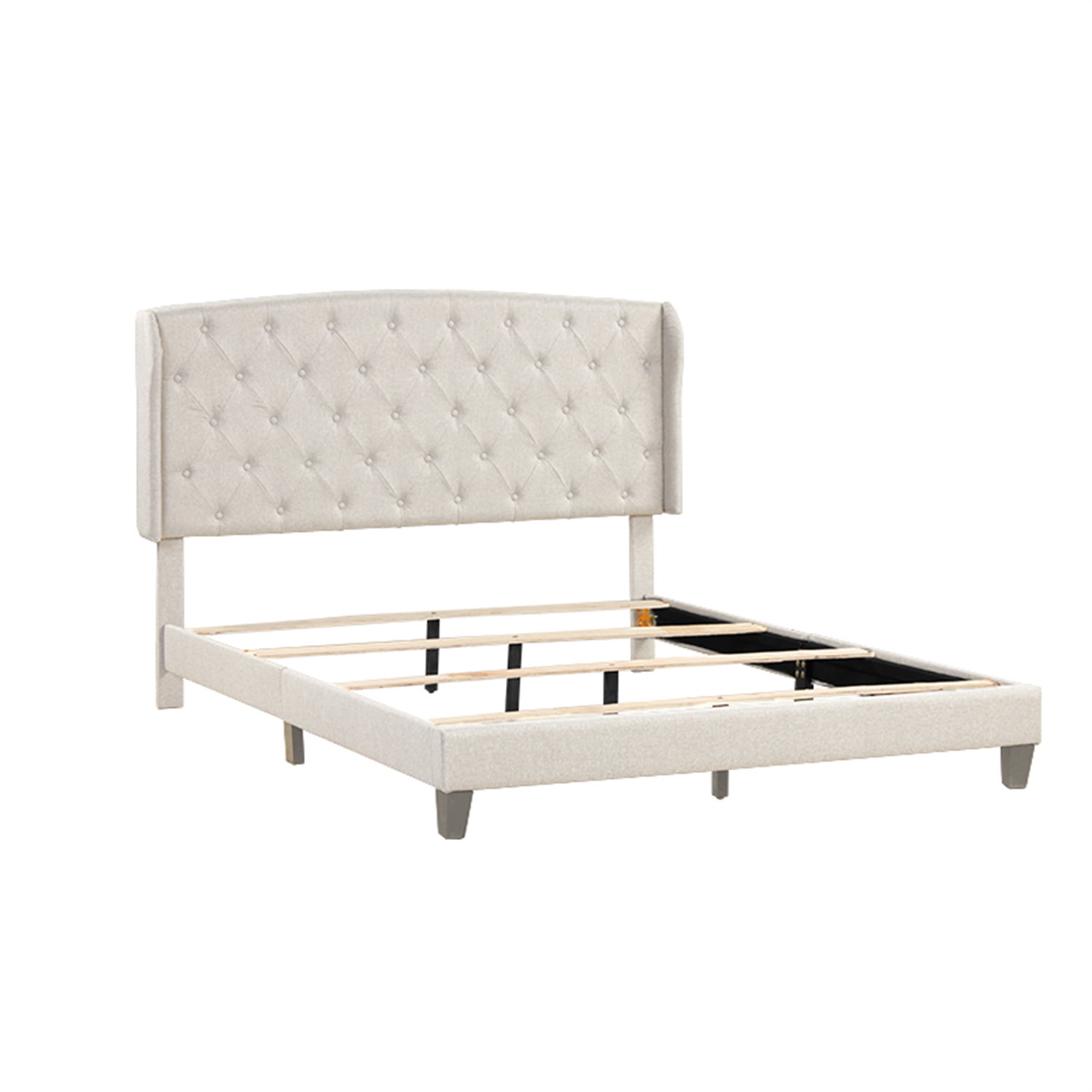 Kepooman Queen Size Bed Frame, Faux Leather Upholstered Button Tufted Low Profile Platform Bed Frame with Wingback Headboard for Bedroom, No Box Spring Needed, Easy Assembly, Beige Kepooman Queen Size Bed Frame, Faux Leather Upholstered Button Tufted Low Profile Platform Bed Frame with Wingback Headboard for Bedroom, No Box Spring Needed, Easy Assembly, Beige