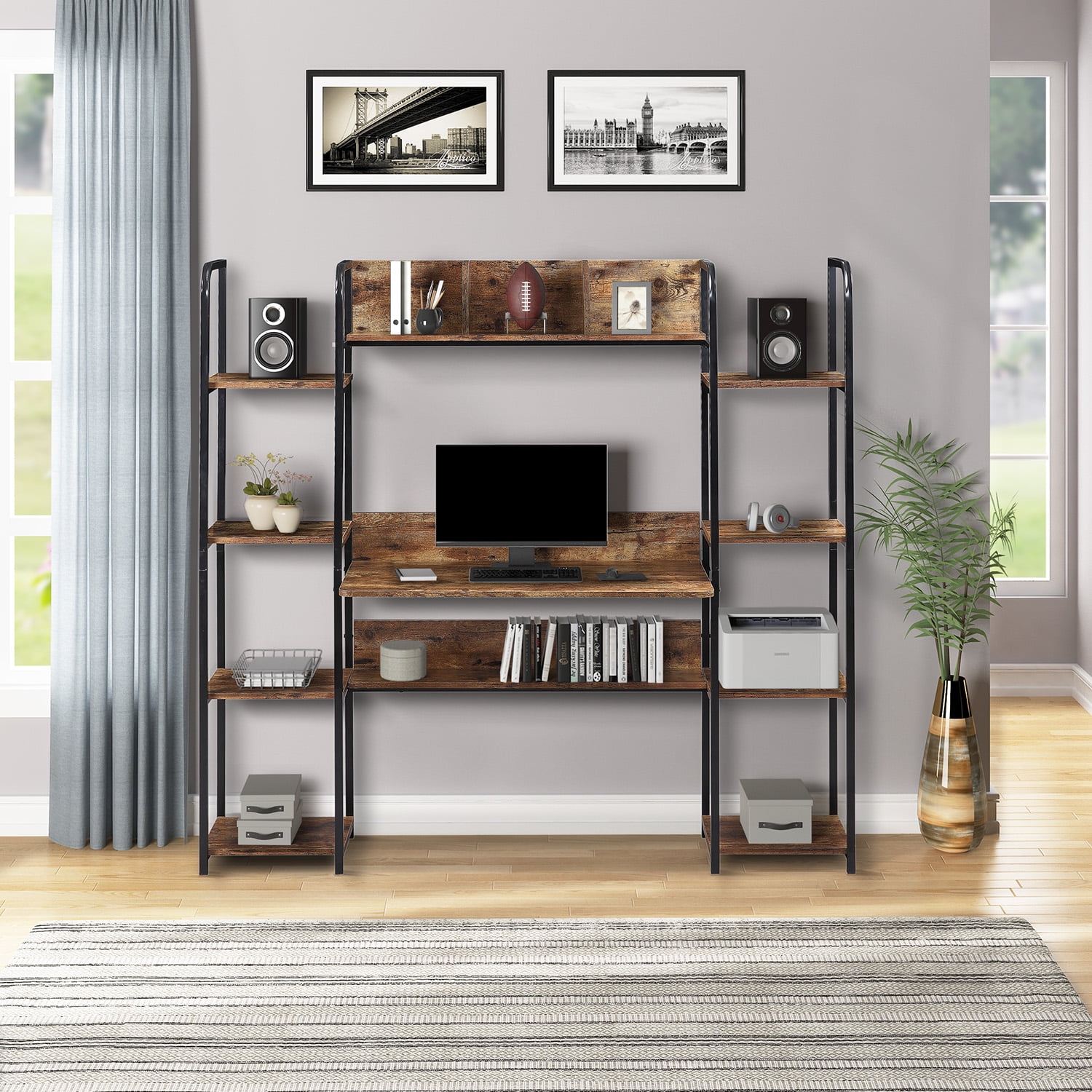 Kepooman Modern Metal Computer Desk with Storage Hutch & Double Bookcase for Home Office, 63"L x 19.9"W x 59.4"H, Brown Kepooman Modern Metal Computer Desk with Storage Hutch & Double Bookcase for Home Office, 63"L x 19.9"W x 59.4"H, Brown