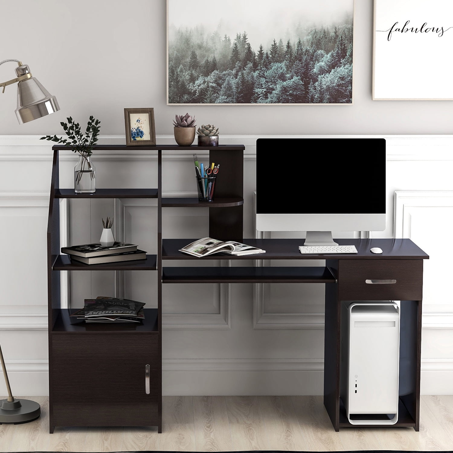 Kepooman Modern Multifunctional Computer Desk with Cabinet & Bookshelves & Keyboard Tray for Home Office Kepooman Modern Multifunctional Computer Desk with Cabinet & Bookshelves & Keyboard Tray for Home Office
