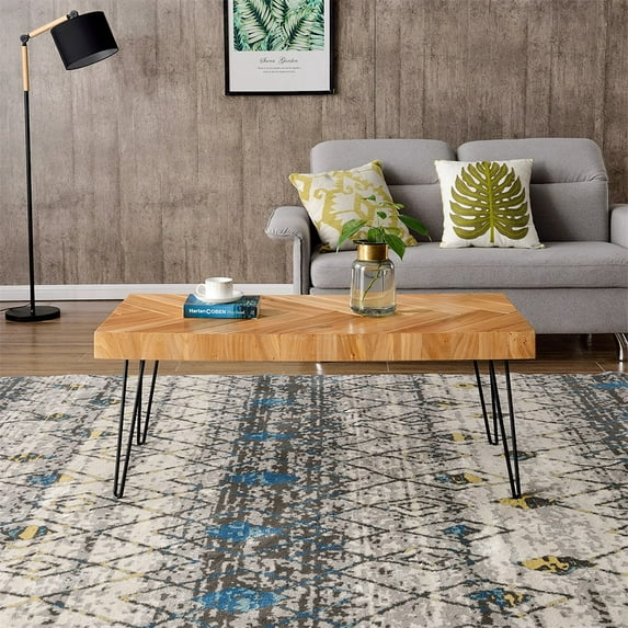 Kepooman Modern Rectangular Coffee Table with Chevron Pattern & Metal Hairpin Legs for Living Room, 43.31" L x 19.68" W x 17.71" H, Glossy Finished Wood