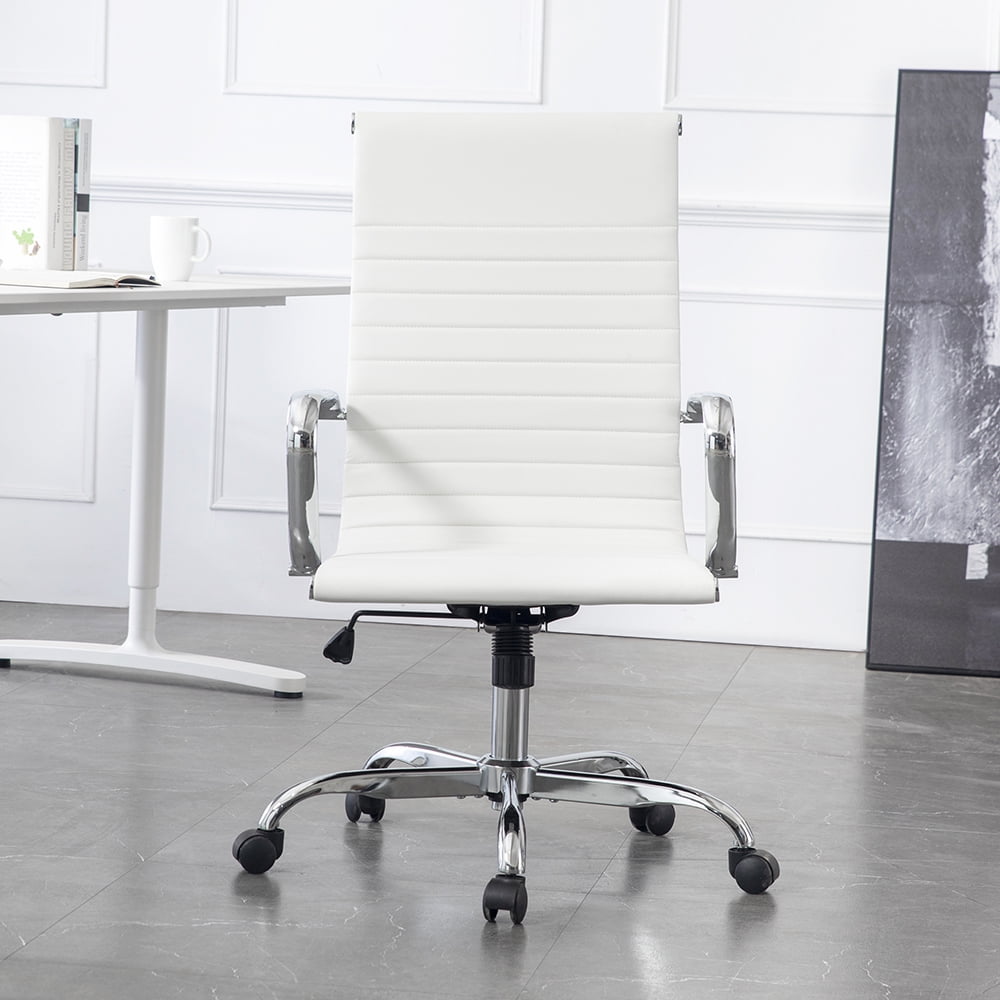 Kepooman Modern Ribbed Adjustable Swivel Rolling Computer Chair with Armrest for Home Office, White Kepooman Modern Ribbed Adjustable Swivel Rolling Computer Chair with Armrest for Home Office, White