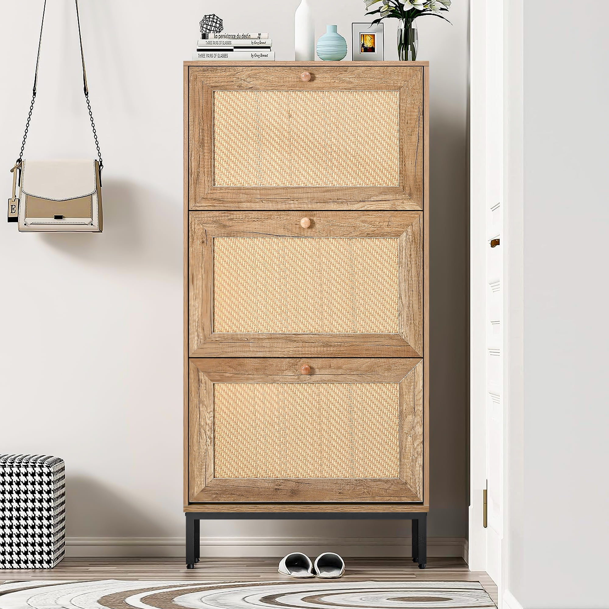 Kepooman Natural 3 Flip Drawer Shoe Cabinet, Rattan Shoe Rack Storage Organizerr with Metal Legs for Entryway Kepooman Natural 3 Flip Drawer Shoe Cabinet, Rattan Shoe Rack Storage Organizerr with Metal Legs for Entryway