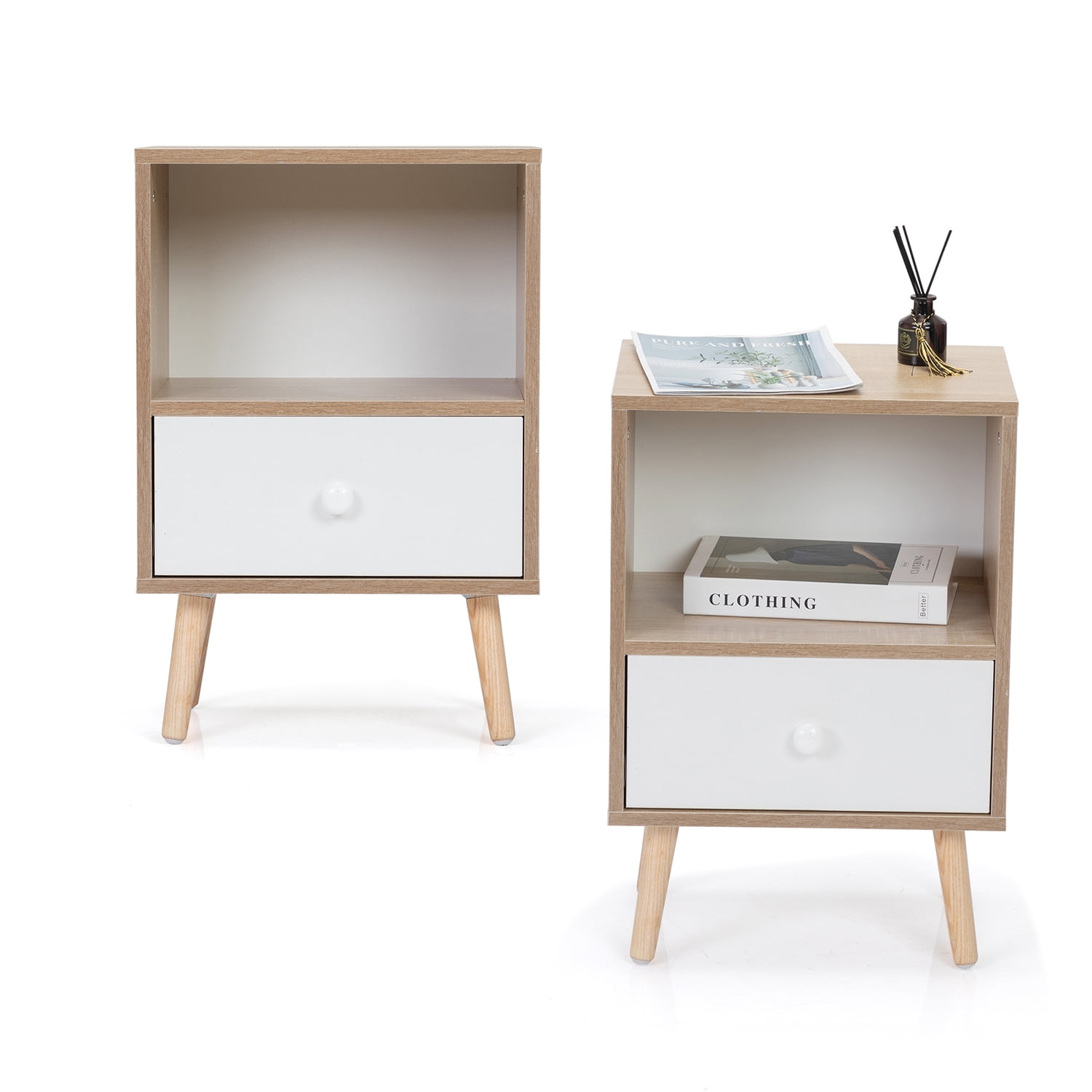 Natural and White Particleboard Pinewood Mid-Century Nightstand Set of 2