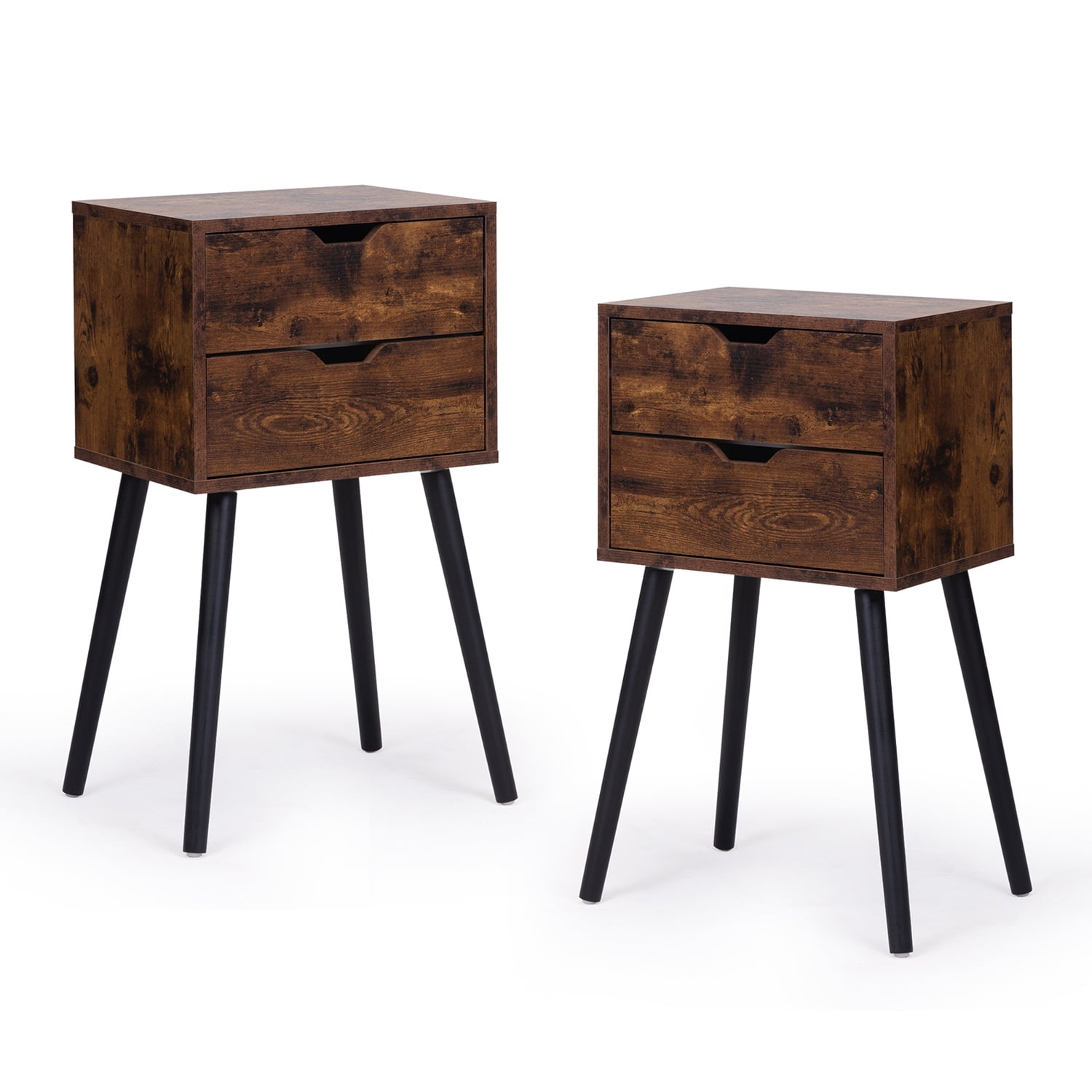 Rustic Brown and Black MDF Nightstand with Pine Wood Legs
