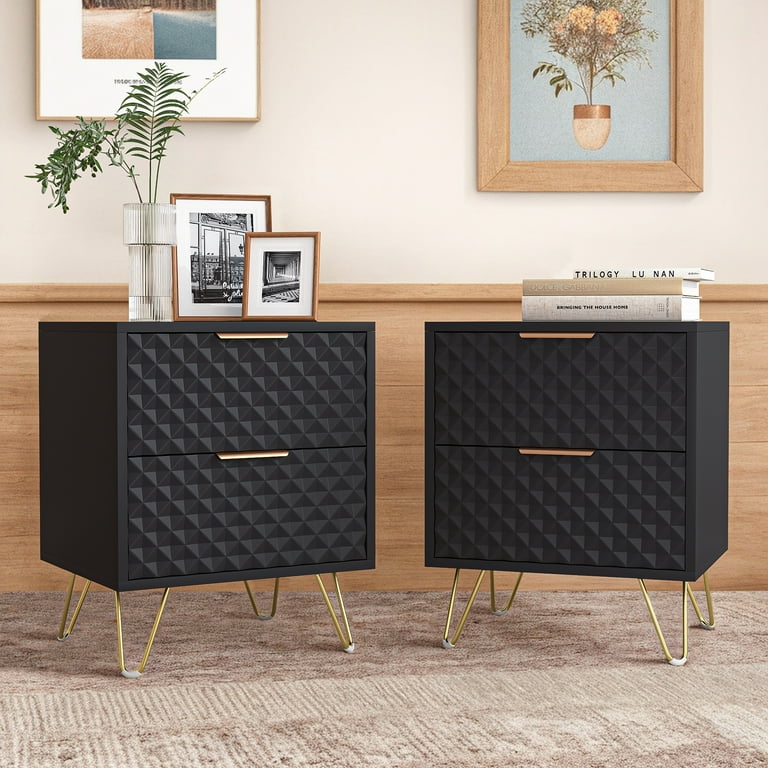 Nightstand Set of 2 End Side Table Double Black