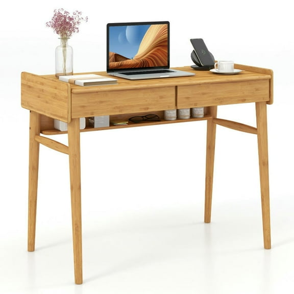 Kepooman Office Desk, Computer Desk,Study Writing Table,Bamboo Writing Desk with 2 Storage Drawers and Open Shelf-Natural