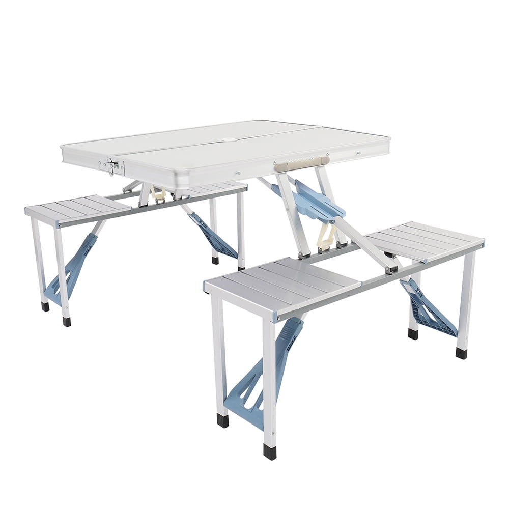 Kepooman One-Piece Folding Table and Chair, Indoor Outdoor Heavy Duty Portable Table Set w/Handle for Picnic, Party, Silver Kepooman One-Piece Folding Table and Chair, Indoor Outdoor Heavy Duty Portable Table Set w/Handle for Picnic, Party, Silver