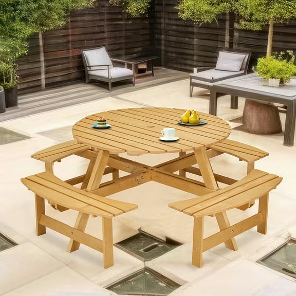 Kepooman Outdoor 8 Person Picnic Table, 8 person Round Picnic Table with 4 Built-in Benches, Umbrella Hole, Outside Table and Bench Set, Natural