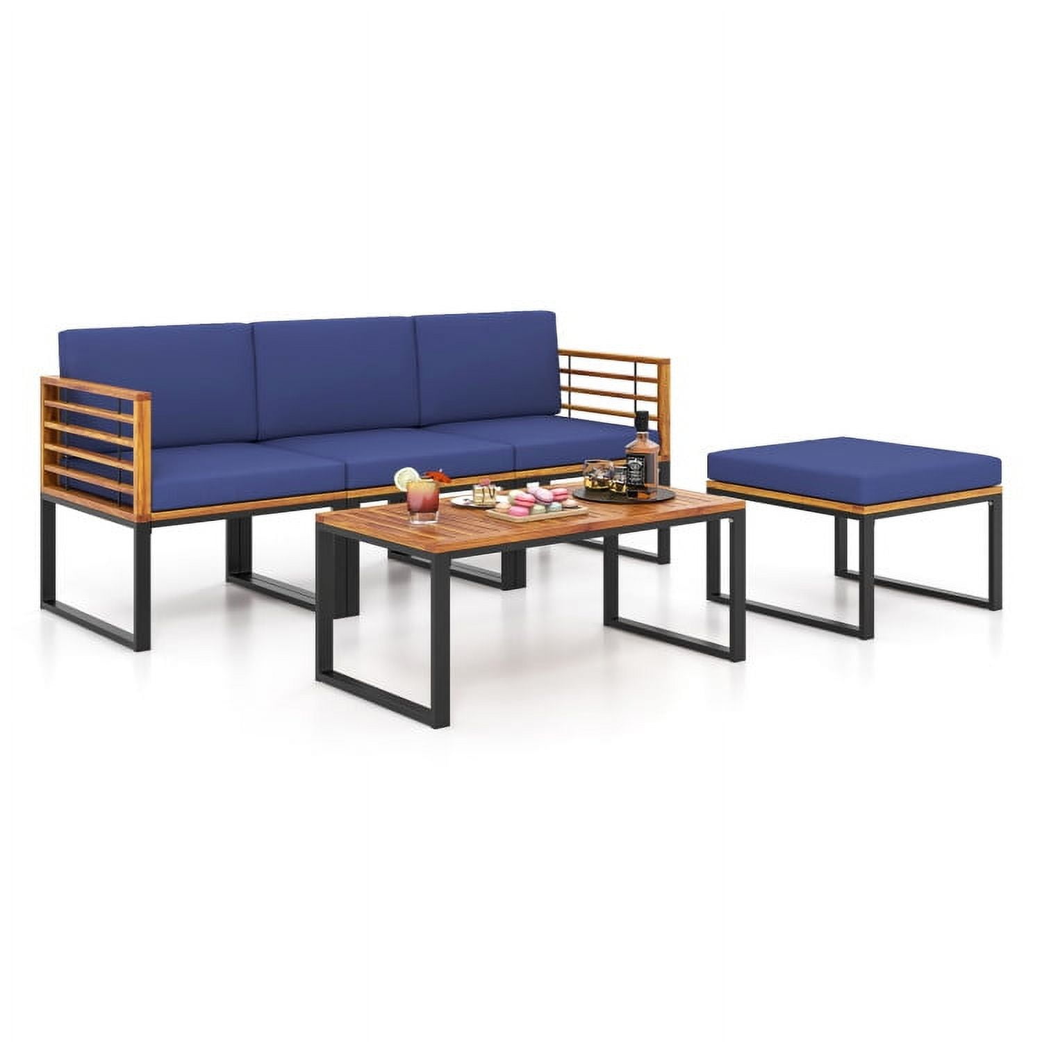 Kepooman Outdoor Bistro Conversation Set,Patio Furniture Sets, 5-Piece Patio Acacia Wood Chair Set with Ottoman and Coffee Table-Navy