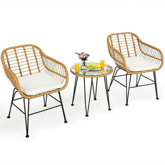Kepooman Outdoor Collection Set, Patio Conversation Table Chair Set, 3 Pieces Rattan Furniture Set with Cushioned Chair Table-White