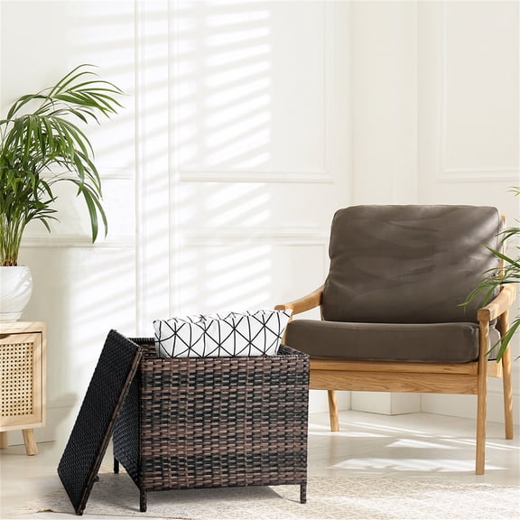 Kepooman Outdoor PE Wicker Side Table with Storage, Patio Rattan End Table Square Container for Furniture Covers, Toys and Gardening Tools, Brown