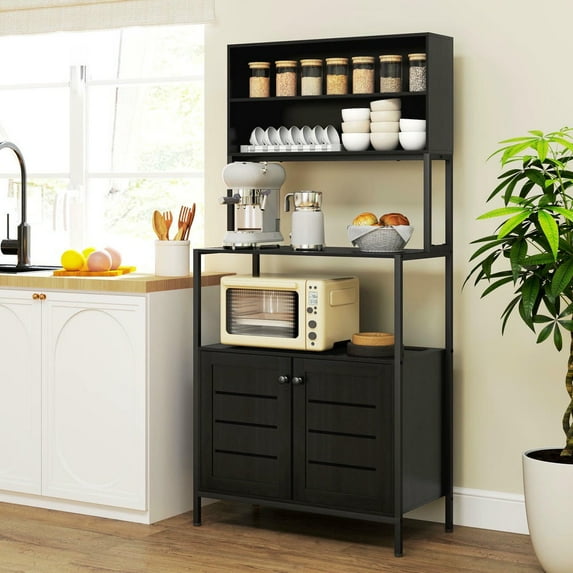 Kepooman Pantry Cabinet with Power Outlet and Storage Shelves, Stand Pantries with Louvred Door Cabinets for Dining Room, Living Room, Black