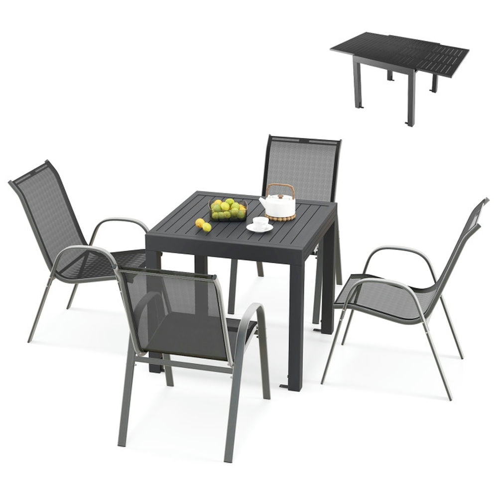 Expandable Dark Gray Aluminum Outdoor Dining Set with Black and Gray Chairs