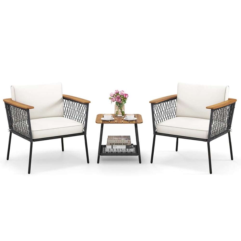 Off-White Acacia Wood and Rattan 3-Piece Patio Set