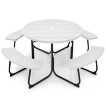 Kepooman Picnic Table, Camping Table, 8-Person Outdoor Picnic Table and Bench Set with Umbrella Hole-White