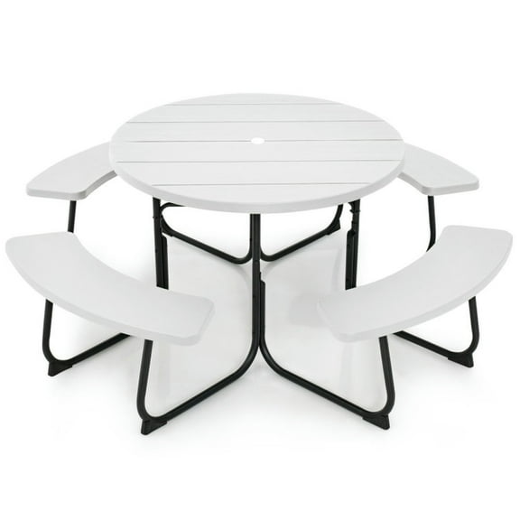 Kepooman Picnic Table, Camping Table, 8-Person Outdoor Picnic Table and Bench Set with Umbrella Hole-White