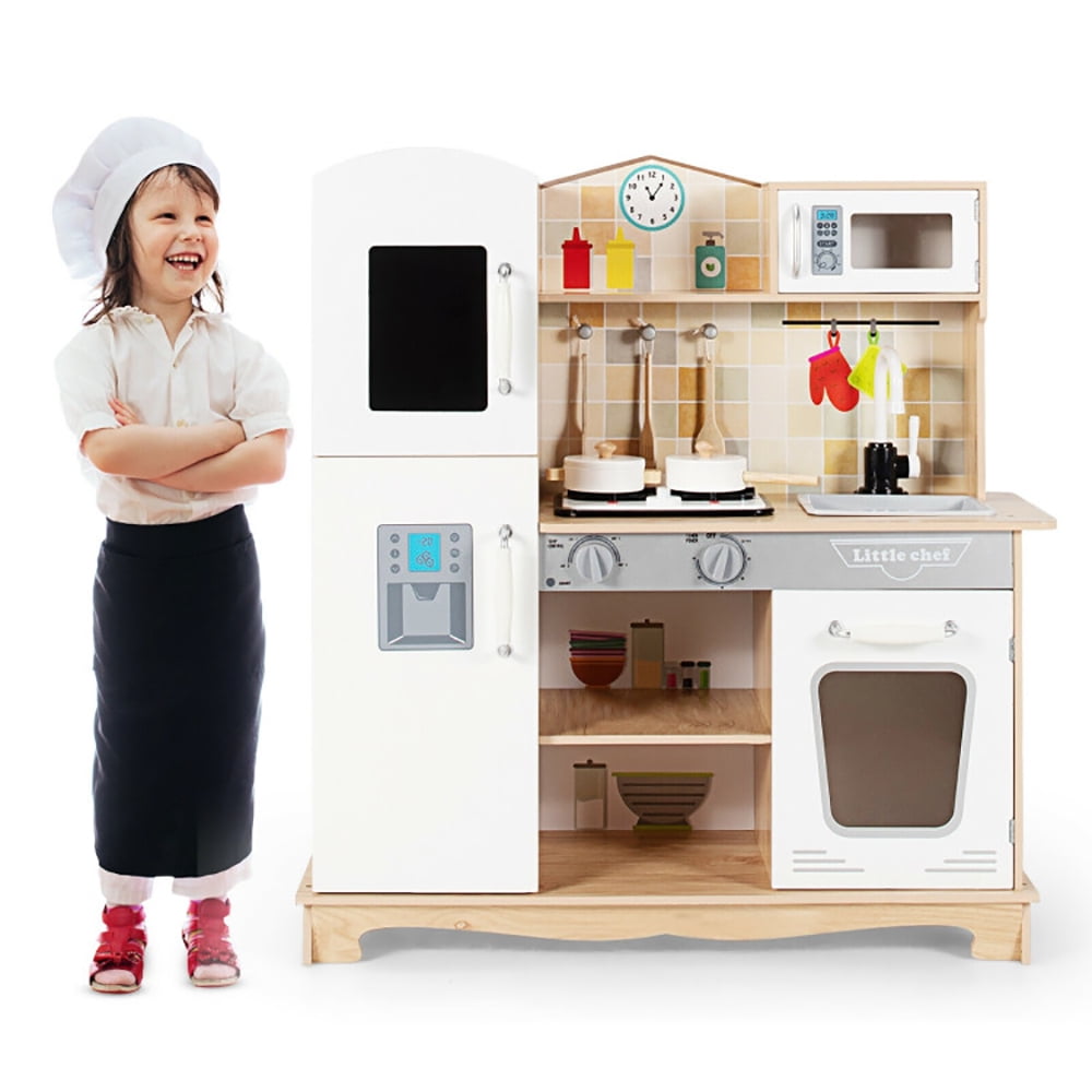 White and Natural Wooden Kids Pretend Kitchen Playset with Utensils and Sound