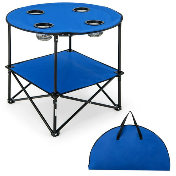 Kepooman Portable Picnic Table, Folding Camping Table, 2-Tier Portable Picnic Table with Carrying Bag and 4 Cup Holders-Blue