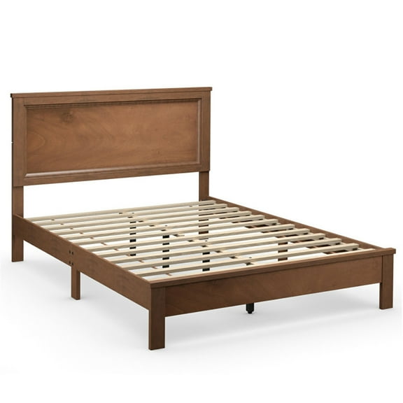 Kepooman Queen Size Bed Frame Platform Slat High Headboard Bedroom with Rubber Wood Leg-Walnut