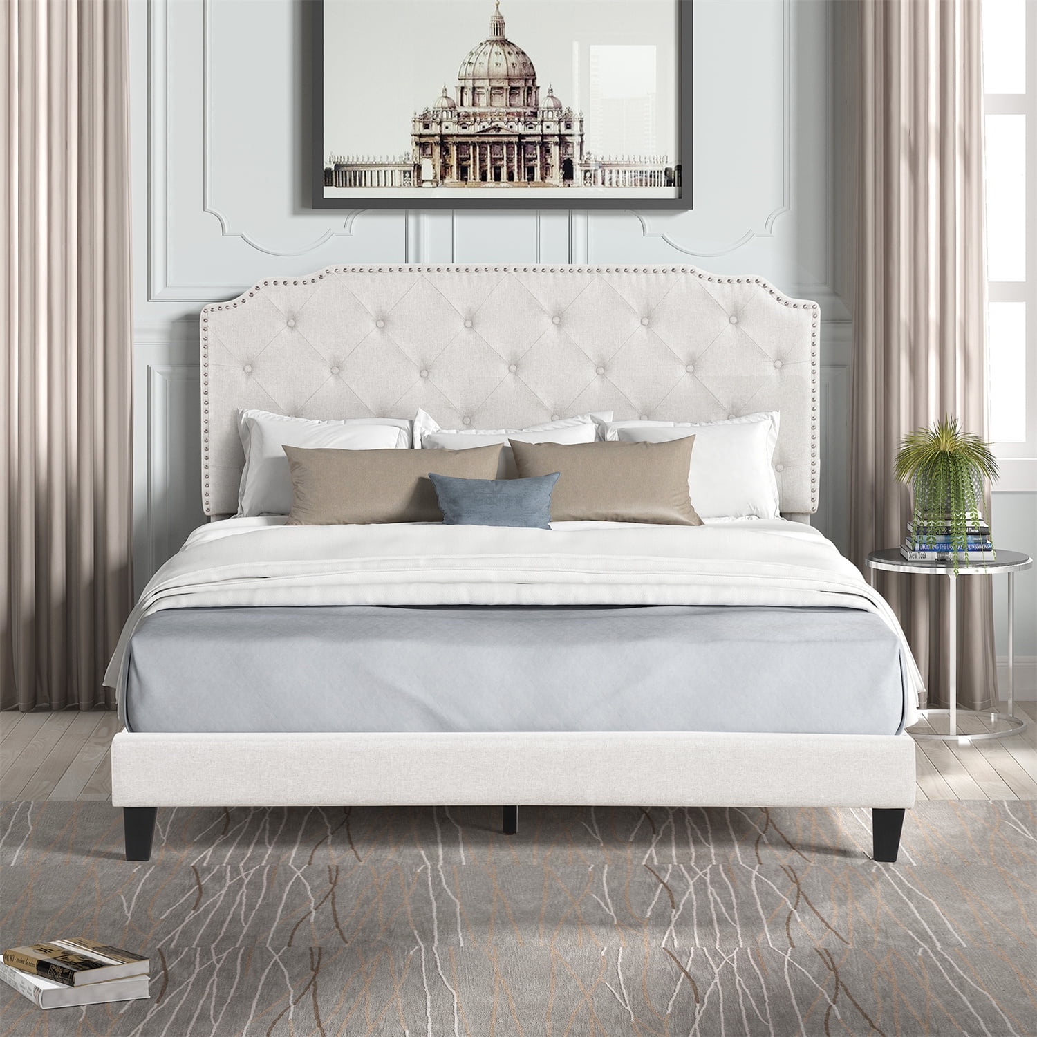 Kepooman Queen Size Upholstered Platform Bed Frame, Modern Bed Frame with Diamond Button Linen Headboard, No Box Spring Needed, Easy Assembly, Beige Kepooman Queen Size Upholstered Platform Bed Frame, Modern Bed Frame with Diamond Button Linen Headboard, No Box Spring Needed, Easy Assembly, Beige