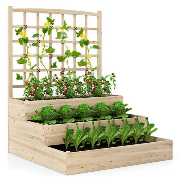 Kepooman Raised Garden Bed, Planter Box Outdoor,3-Tier Raised Garden Bed with Lattice Trellis and Open-Ended Base-Natural