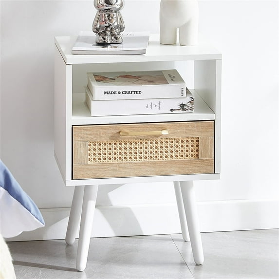 Kepooman Rattan Nightstand, 15.75" Bedside Table with Drawer and Solid Wood Legs, Wood End Table for Bedroom, White