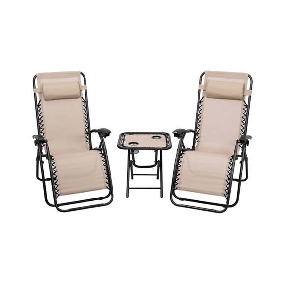 Kepooman Recliner, 3 Pieces Folding Portable Zero Gravity Lounge Chairs Table Set, Outdoor Reclining Chair-Beige
