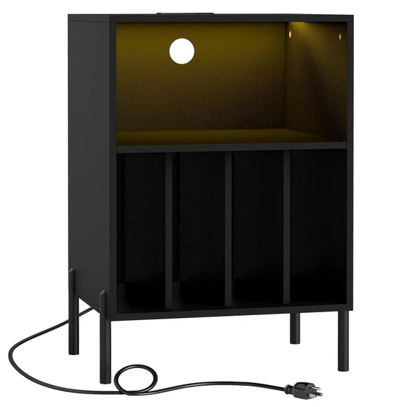 Kepooman Record Player Sofa Side End Table with LED Light and Charging Station, End Table for Living Room, Bedroom, Home Office, Black