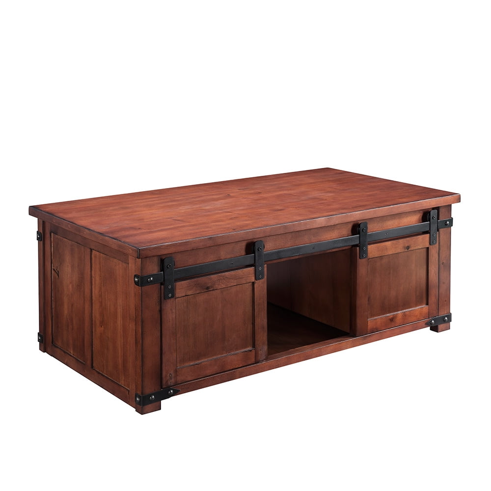 Kepooman Rustic Farmhouse Coffee Table with Sliding Barn Doors and Storage Cabinets for Living Room - Brown Kepooman Rustic Farmhouse Coffee Table with Sliding Barn Doors and Storage Cabinets for Living Room - Brown