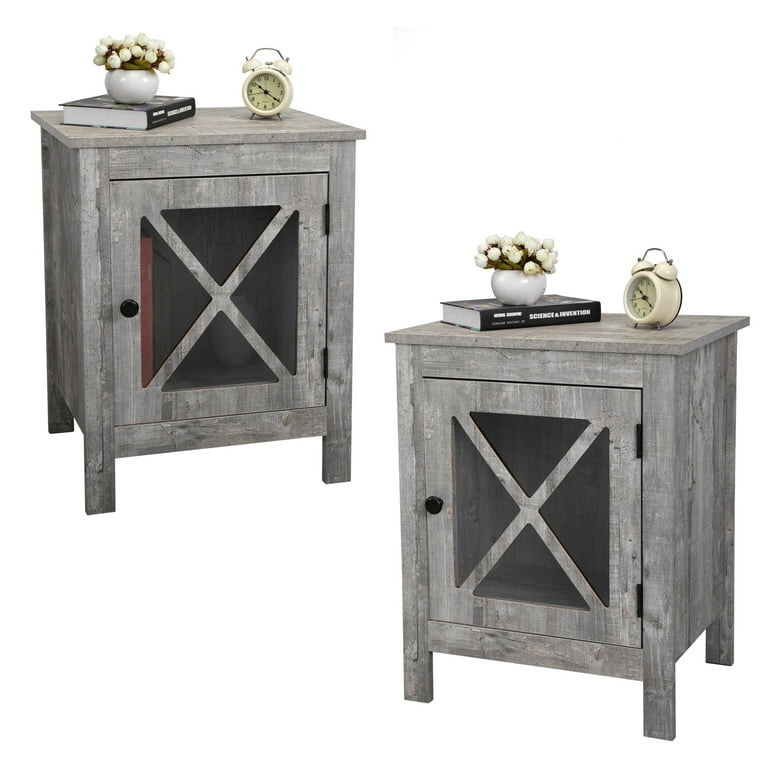Kepooman Set of 2 Industrial Nightstand Side Table End Table with X Design Glass Door Wood Bedside Tables for Bedroom Light Gray