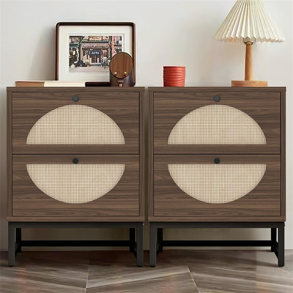 Kepooman Set of 2 Nightstand, Bedside End Table with 2 Natural Rattan Drawer & Metal Legs, Nightstand Side Table for Bedroom and Living Room, Walnut