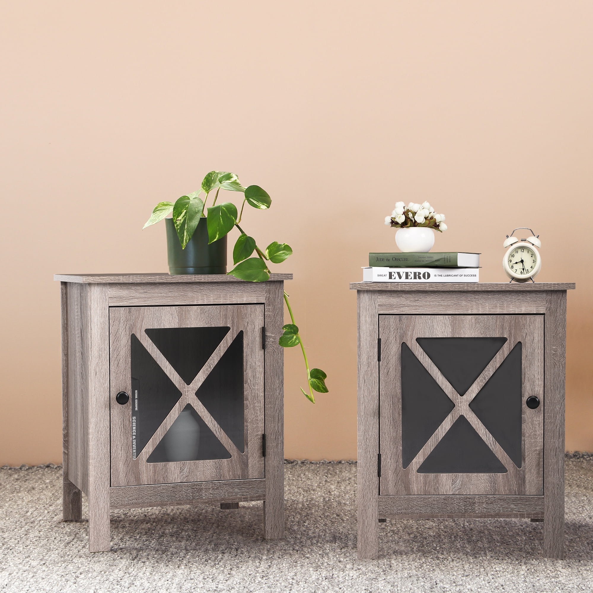 Kepooman Set of 2 Wooden Storage Cabinet with X-Design Glass Door, Farmhouse Nightstand Side End Table for Bedroom Living Room Kepooman Set of 2 Wooden Storage Cabinet with X-Design Glass Door, Farmhouse Nightstand Side End Table for Bedroom Living Room