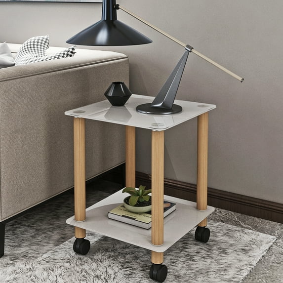 Kepooman Side Table , 2-Tier Space End Table ,Modern Night Stand, Sofa table, Side Table with Storage Shelve, White & Oak
