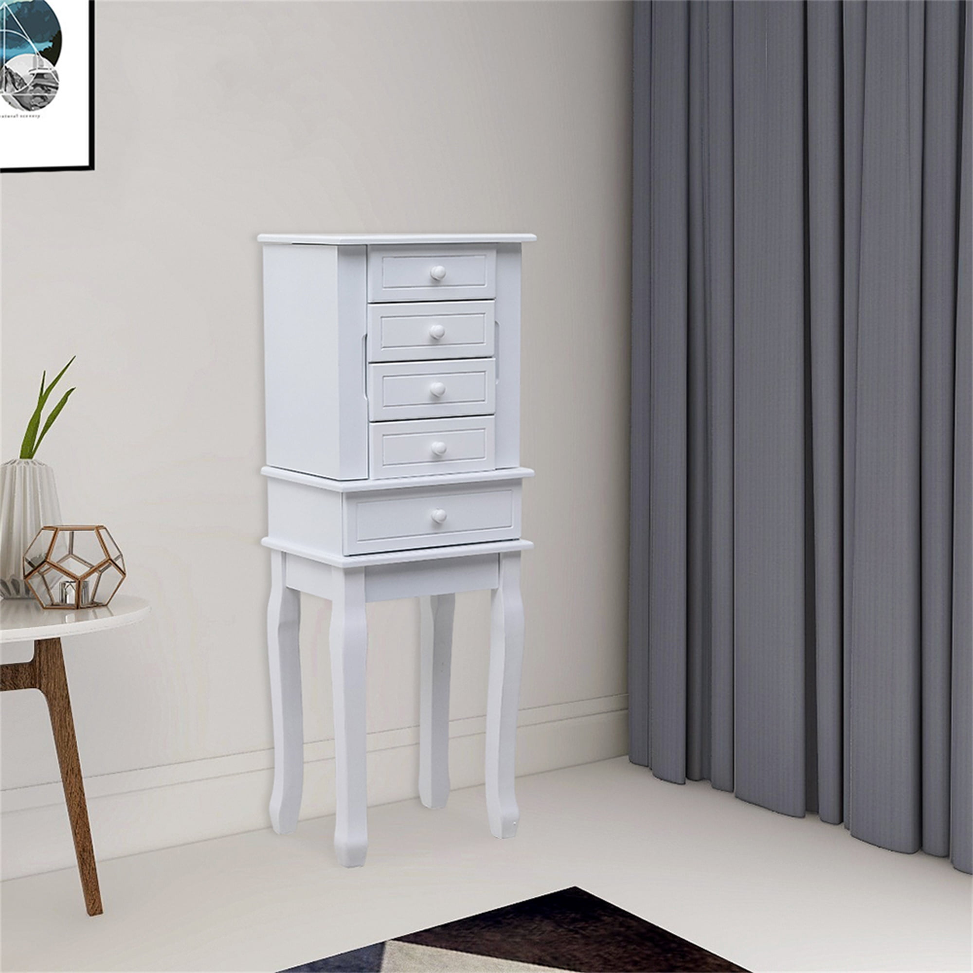 Kepooman Standing Jewelry Armoire with Mirror, 5 Drawers & 14 Necklace