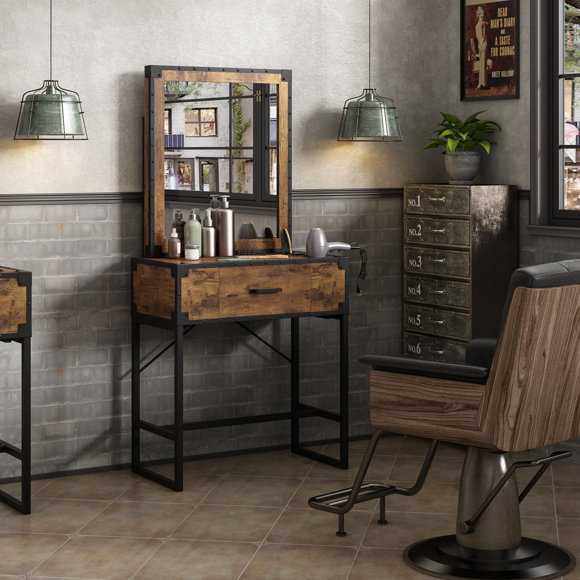 Kepooman Styling Barber Station With Mirror Drawer and Charging Station, Beauty Salon Spa Equipment, Rustic Brown Kepooman Styling Barber Station With Mirror Drawer and Charging Station, Beauty Salon Spa Equipment, Rustic Brown