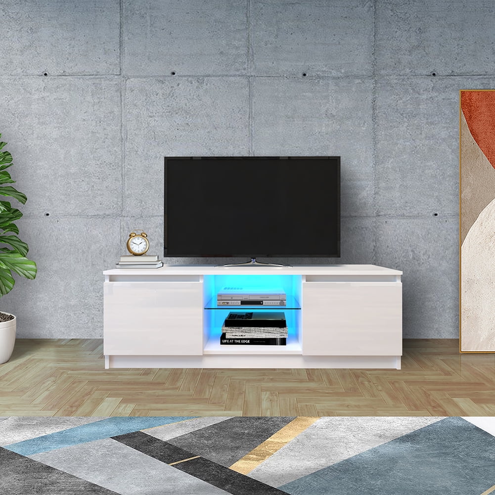 Kepooman TV Stand, TV Cabinet with Drawers and Shelves, Modern TV Stand with Led Light Suitable for Living Room and Bedroom, White Kepooman TV Stand, TV Cabinet with Drawers and Shelves, Modern TV Stand with Led Light Suitable for Living Room and Bedroom, White