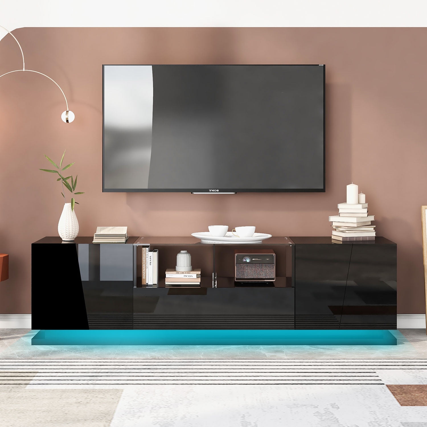 Kepooman TV Stand with Tempered Glass, TV Cabinet with Sorage and LED Color Changing Lights for Living Room, Black Kepooman TV Stand with Tempered Glass, TV Cabinet with Sorage and LED Color Changing Lights for Living Room, Black