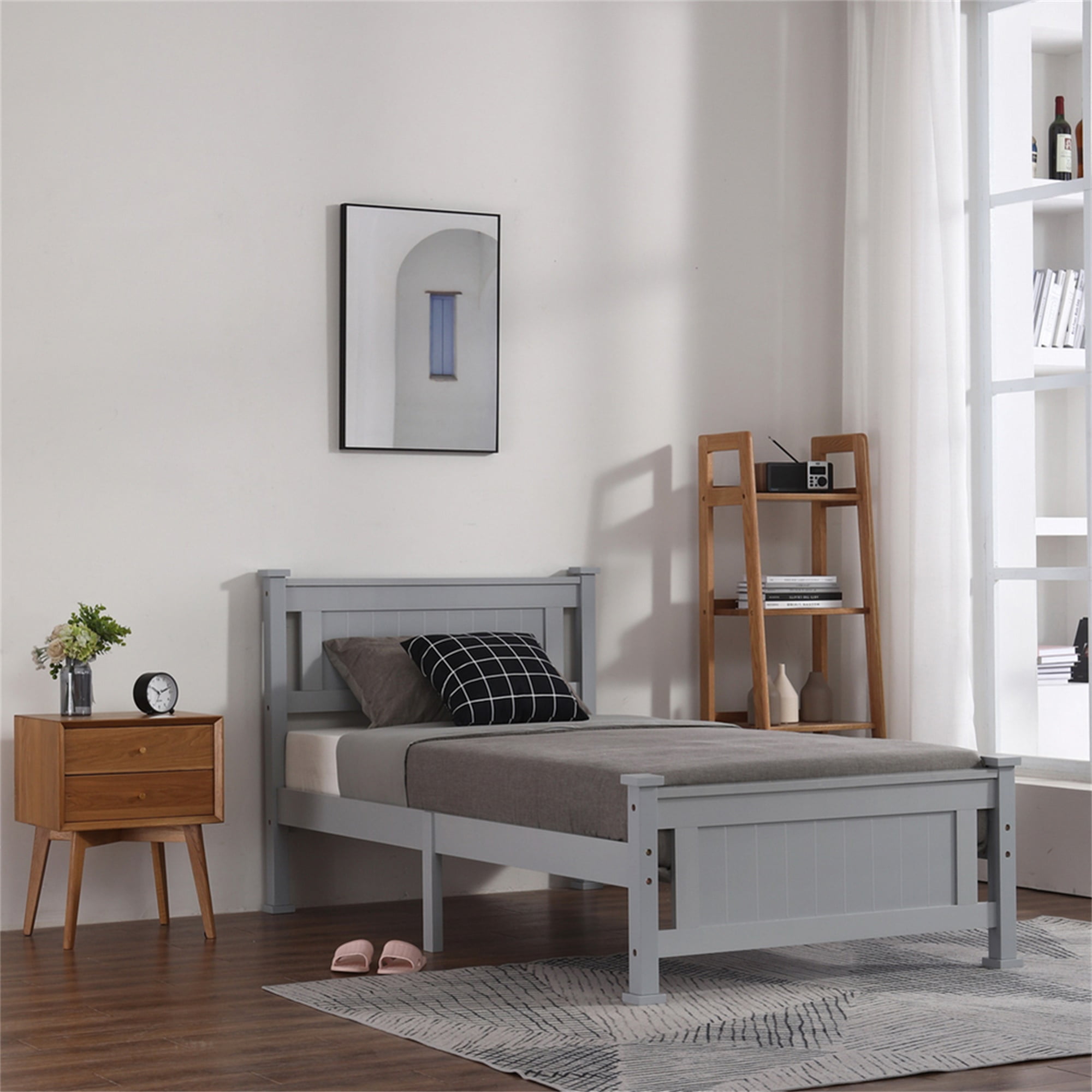 Kepooman Twin Bed Frame, Single Core Full Panel Headboard, Gray Twin Decorative Bed, No Springs Required, Single Solid Pine Bed Kepooman Twin Bed Frame, Single Core Full Panel Headboard, Gray Twin Decorative Bed, No Springs Required, Single Solid Pine Bed