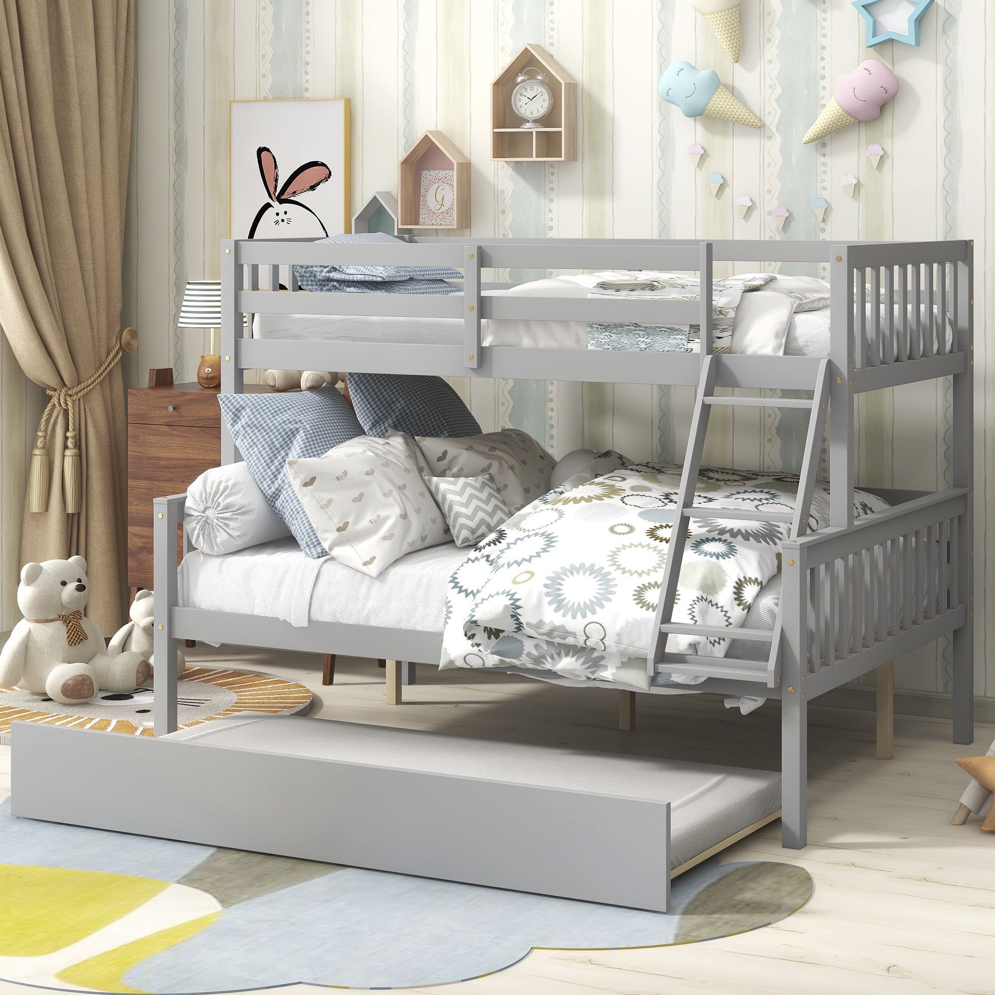 Kepooman Twin Over Full Bedroom Wooden Bunk Beds with Trundle & Safety Rail for Kids Teens, Grey Kepooman Twin Over Full Bedroom Wooden Bunk Beds with Trundle & Safety Rail for Kids Teens, Grey