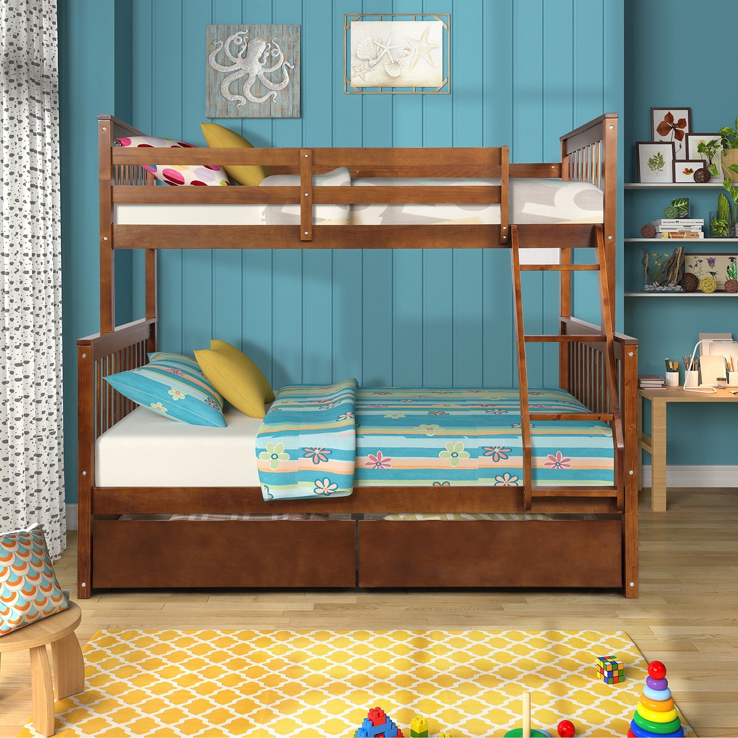 Kepooman Twin-Over-Full Modern Wooden Bunk Bed with Ladder & Two Drawers for Bedroom, 80”L X 57”W X 70.4”H, Walnut Kepooman Twin-Over-Full Modern Wooden Bunk Bed with Ladder & Two Drawers for Bedroom, 80”L X 57”W X 70.4”H, Walnut
