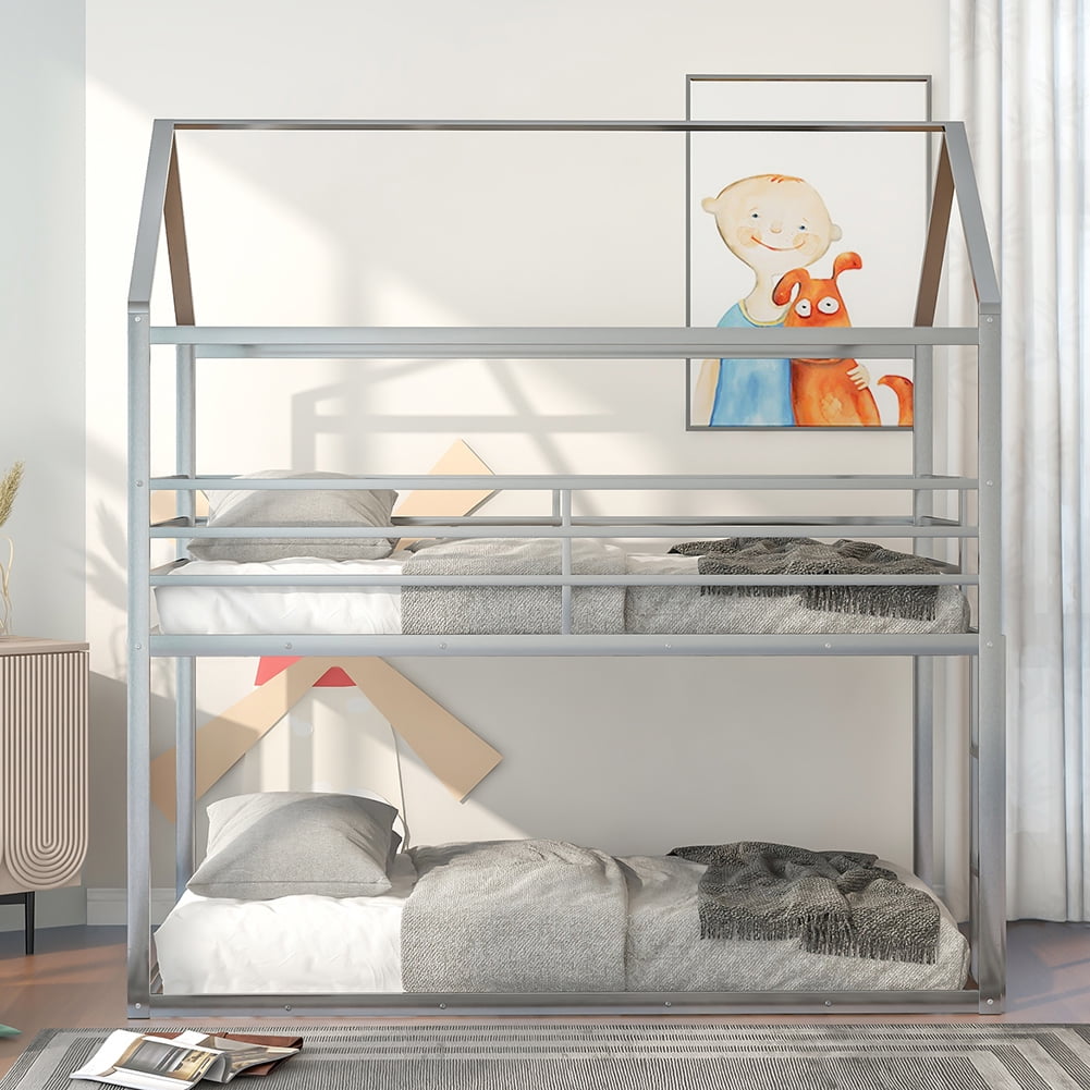 Kepooman Twin Over Twin Kids Bunk Bed with Built-in Ladder, Metal Bunk Bed Frame, Sliver Kepooman Twin Over Twin Kids Bunk Bed with Built-in Ladder, Metal Bunk Bed Frame, Sliver