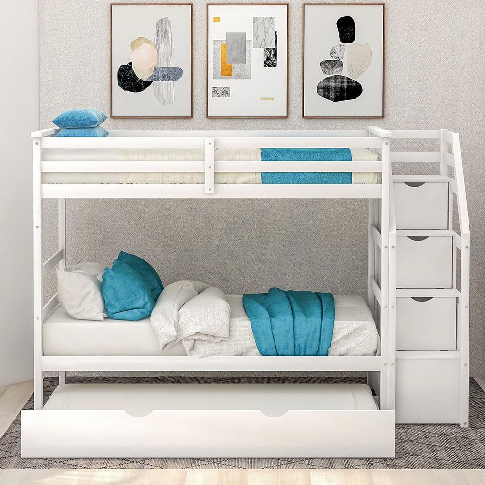 Kepooman Twin-Over-Twin Modern Wooden Bunk Bed with Twin Trundle & 3 Storage Stairs, 94.4"L x 42.4"W x 61.4"H, White Kepooman Twin-Over-Twin Modern Wooden Bunk Bed with Twin Trundle & 3 Storage Stairs, 94.4"L x 42.4"W x 61.4"H, White